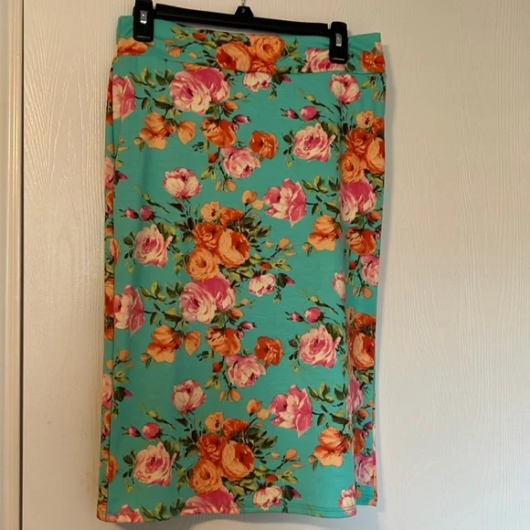 SOLD - Azules Floral Orange/Pink/Teal Pencil Skirt Medium Mint Green Peony Rose - Picture 2 of 5